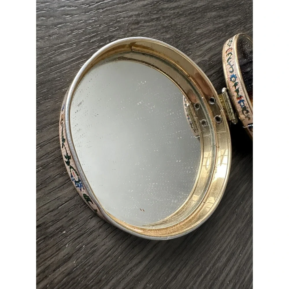 Vintage Metal Floral Double Hinged Folding Compact Double Mirror. Marked Japan